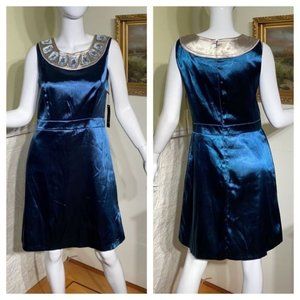 BCBG?MAXAZRIA Blue Satin & Jewel Embellished Collar Cocktail Party Dress